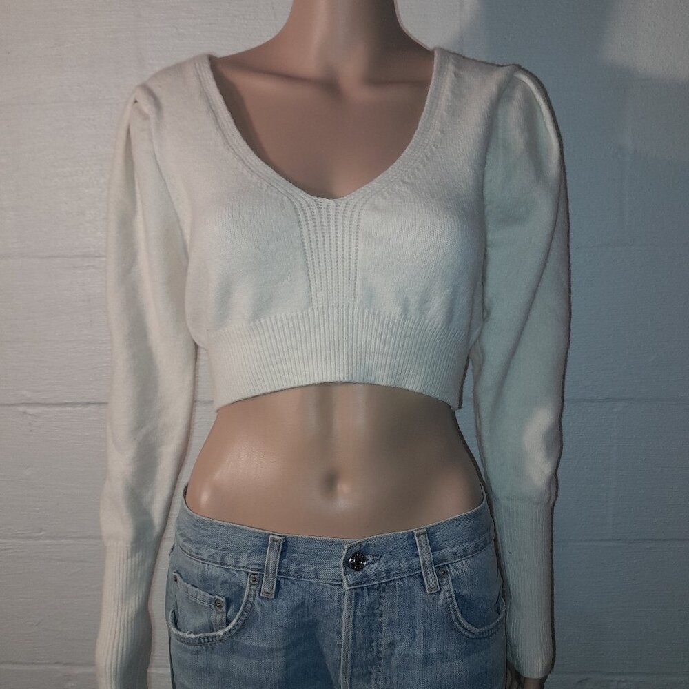 LPA Size Small Ivory Knit Cropped Ribbed V Neck Sweater Puff Sleeve